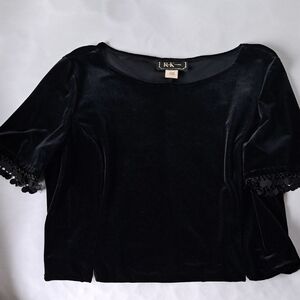 R&K Black Velvet Blouse with Pom-Pom Sleeves